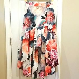 Eliza J Hi/Lo Skirt, White Floral Taffeta Ruffles